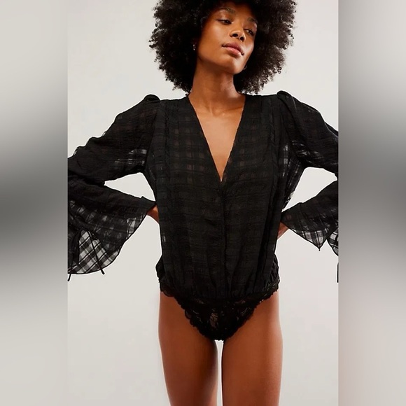 Free People Intimately Check Sheer Cinch Sleeve Bodysuit Black - Picture 8 of 8